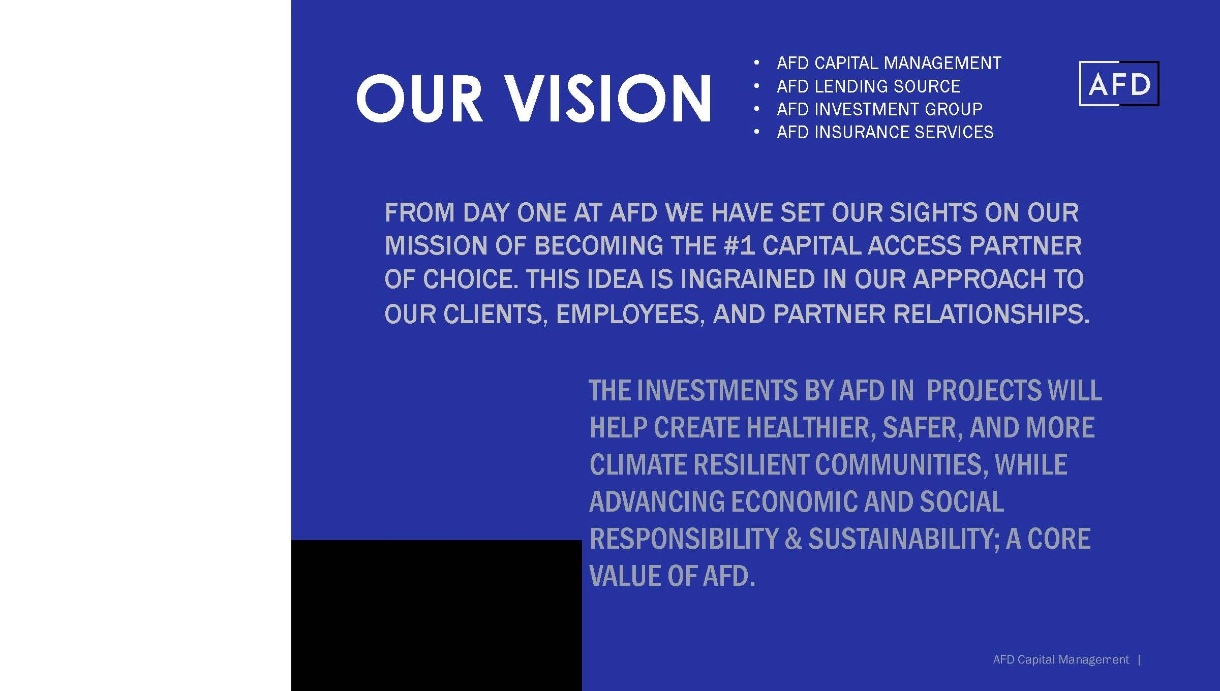 AFD Vision — Our Vision statement with AFD Capital Management, AFD Lending Source, AFD Investment Group, and AFD Insurance Services